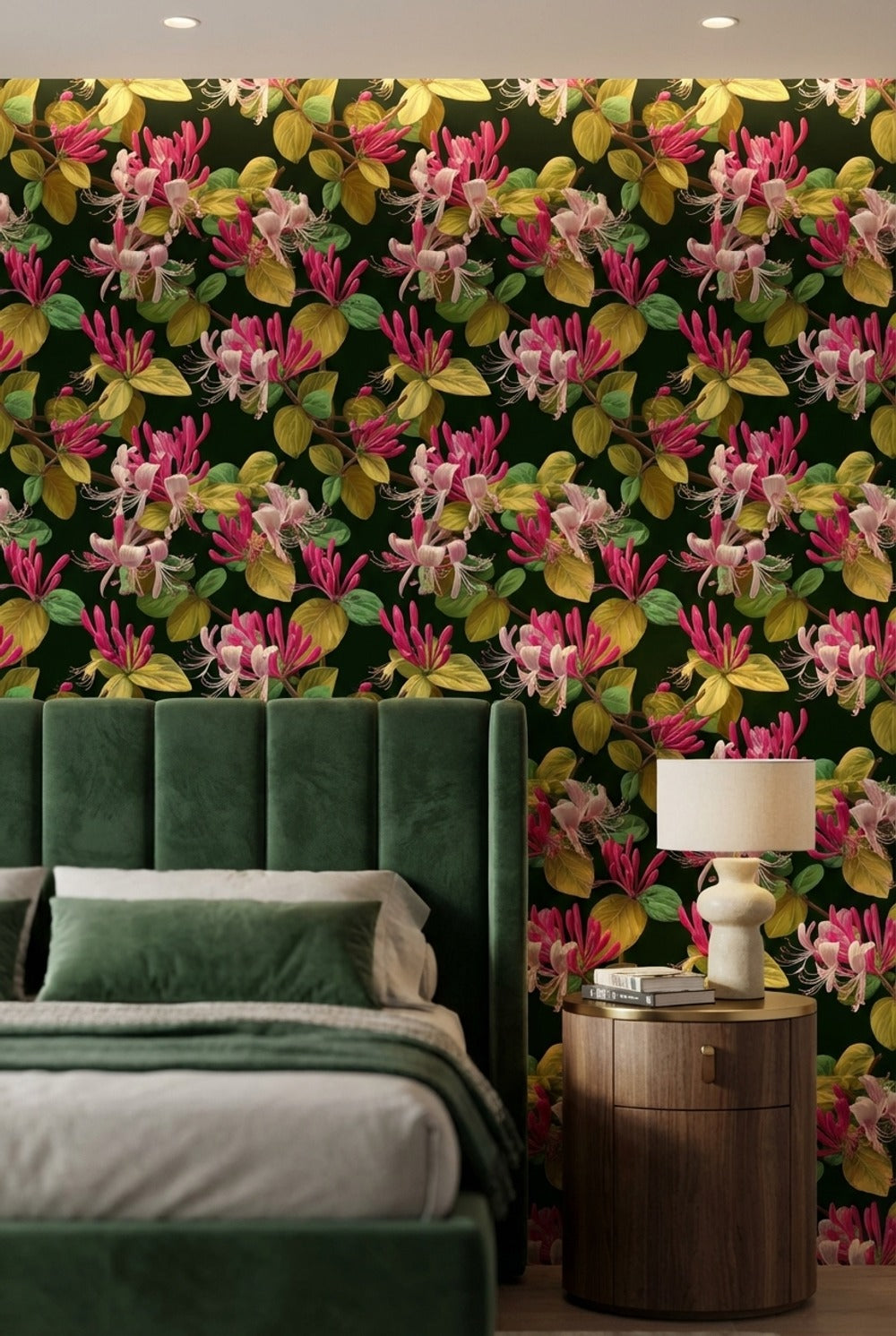 Deep Green Tropical Floral Pattern Wallpaper
