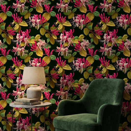Deep Green Tropical Floral Pattern Wallpaper