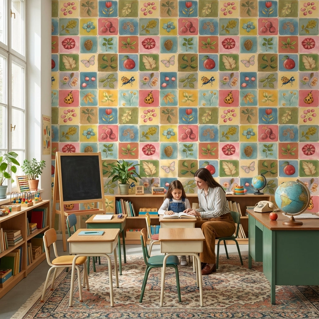 Vintage Multicolor Nature and Floral Pattern Wallpaper