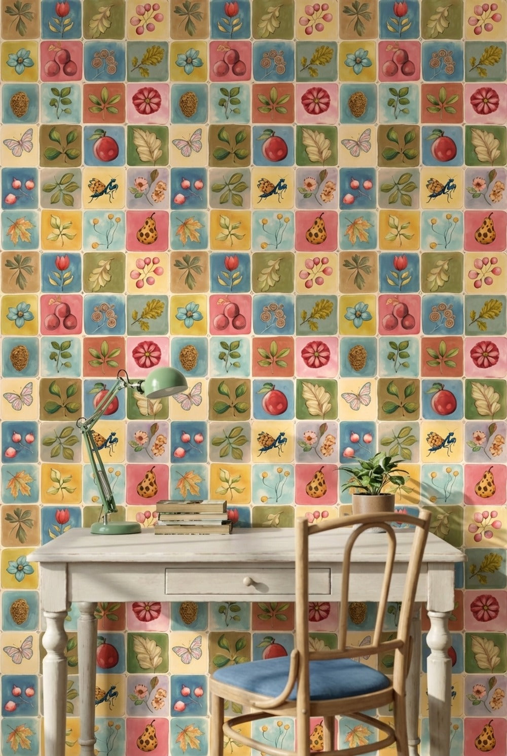 Vintage Multicolor Nature and Floral Pattern Wallpaper