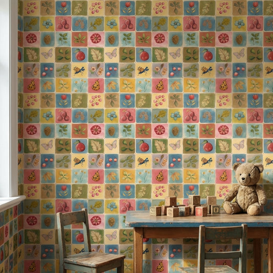 Vintage Multicolor Nature and Floral Pattern Wallpaper