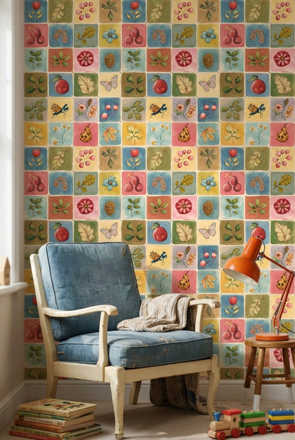 Vintage Multicolor Nature and Floral Pattern Wallpaper
