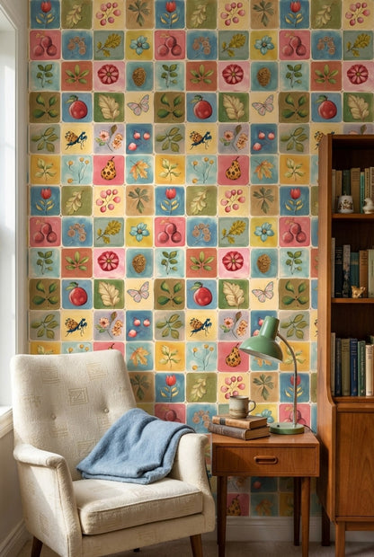 Vintage Multicolor Nature and Floral Pattern Wallpaper