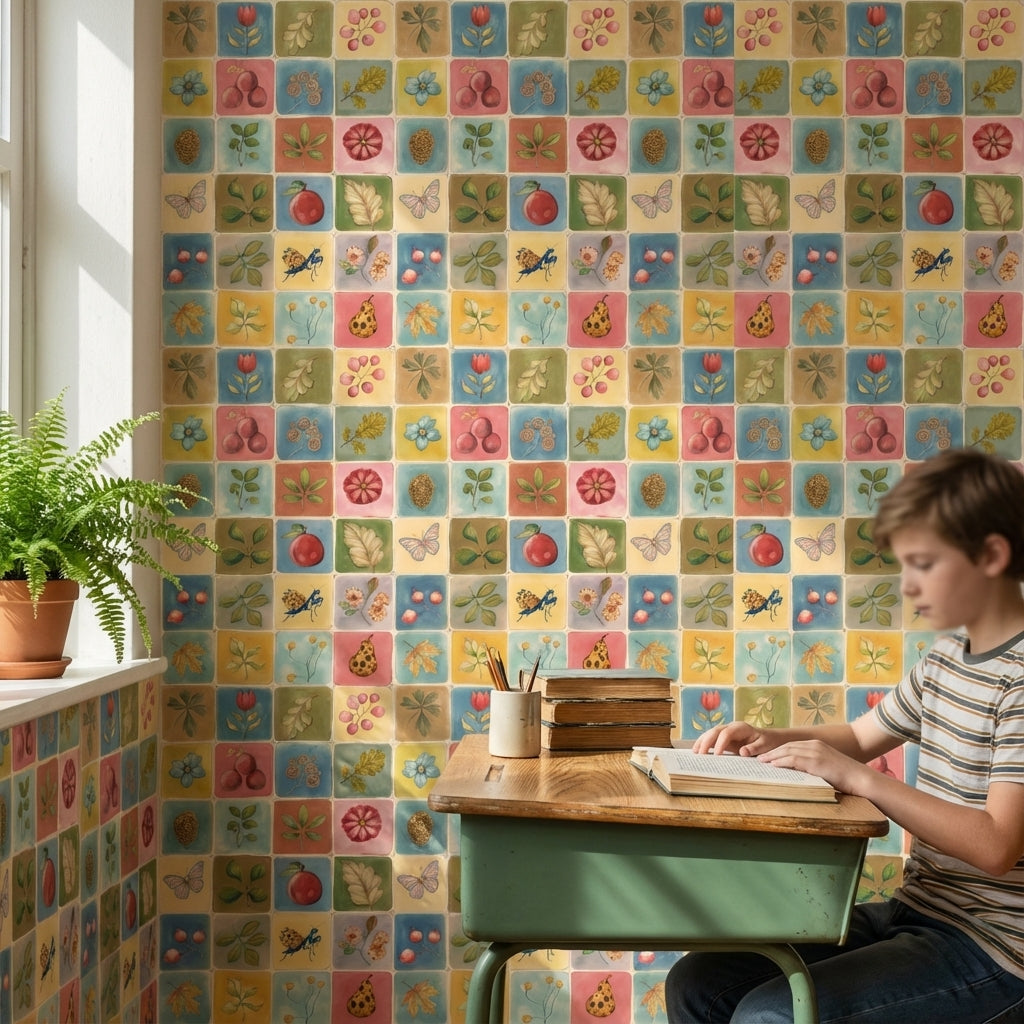 Vintage Multicolor Nature and Floral Pattern Wallpaper