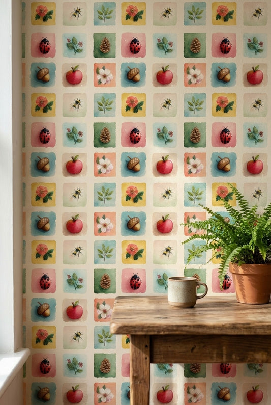 Cream Multicolor Nature-Inspired Square Pattern Wallpaper