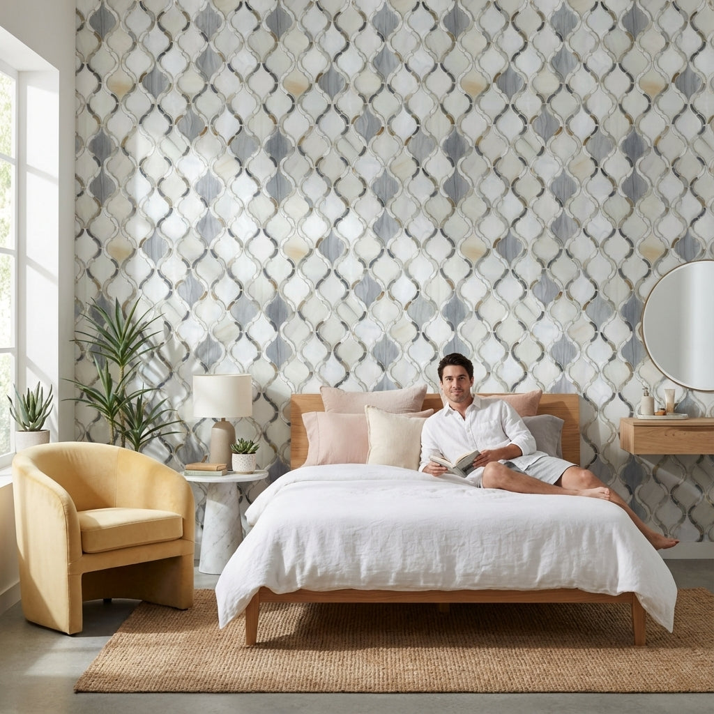 White and Gray Geometric Trellis Wallpaper