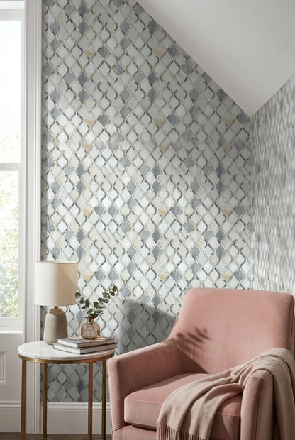 White and Gray Geometric Trellis Wallpaper