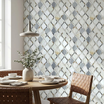 White and Gray Geometric Trellis Wallpaper