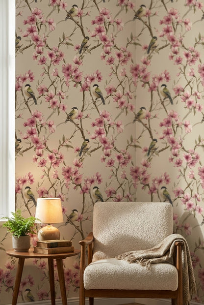 Cream Cherry Blossom and Bird Wallpaper