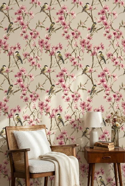 Cream Cherry Blossom and Bird Wallpaper