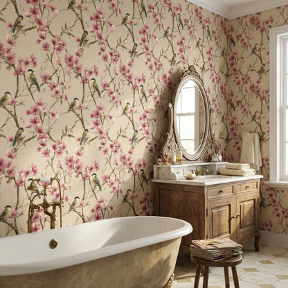 Cream Cherry Blossom and Bird Wallpaper
