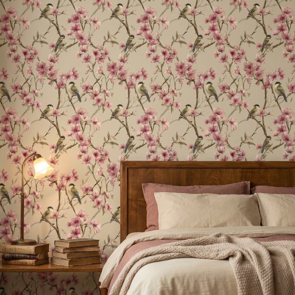 Cream Cherry Blossom and Bird Wallpaper