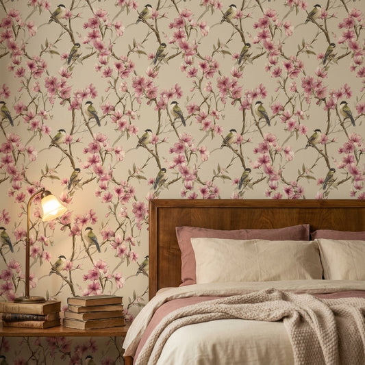 Cream Cherry Blossom and Bird Wallpaper
