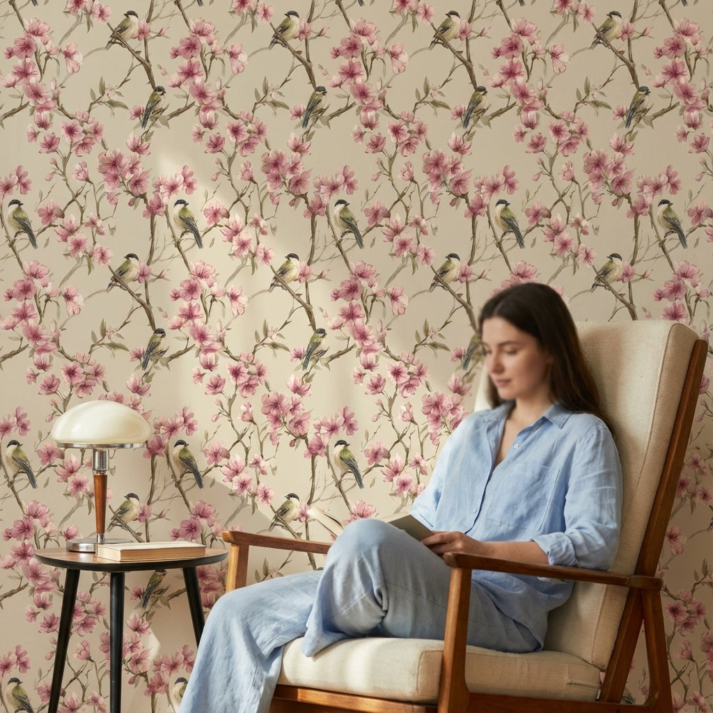 Cream Cherry Blossom and Bird Wallpaper