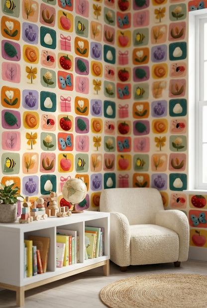 Multicolor Whimsical Floral and Animal Nursery Wallpaper
