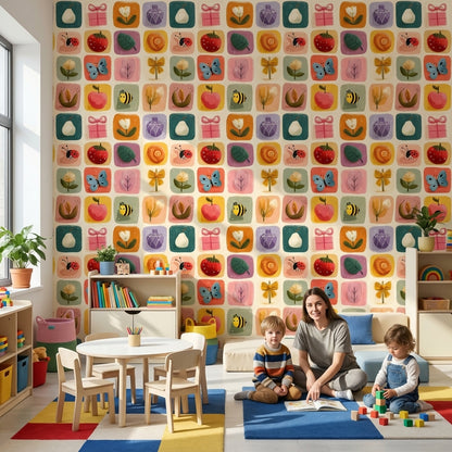 Multicolor Whimsical Floral and Animal Nursery Wallpaper