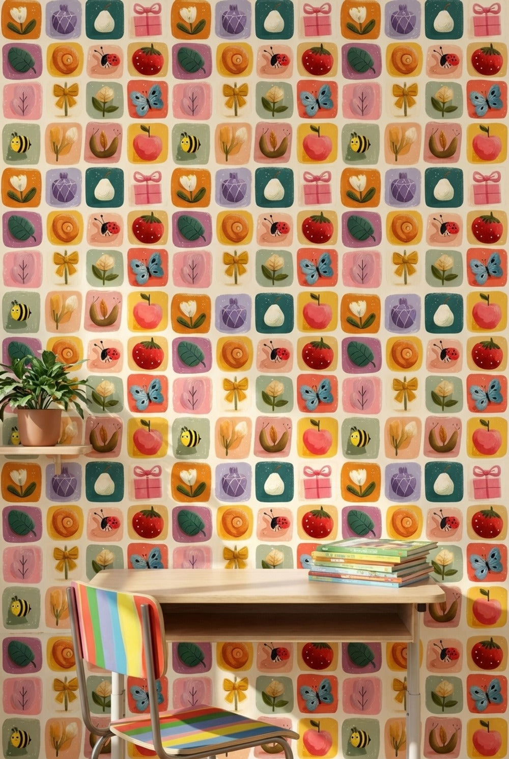 Multicolor Whimsical Floral and Animal Nursery Wallpaper