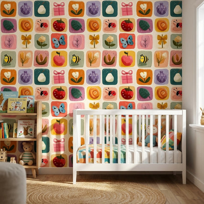 Multicolor Whimsical Floral and Animal Nursery Wallpaper