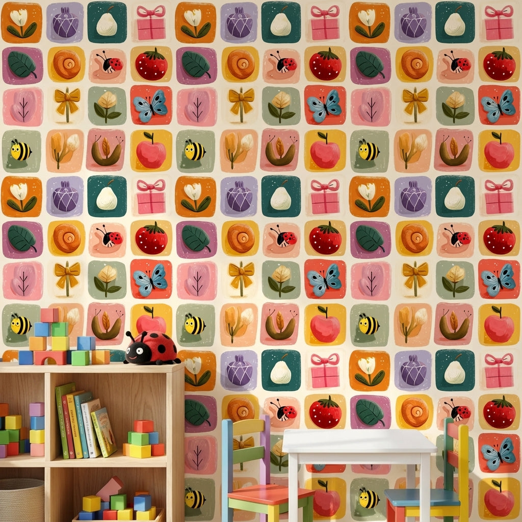 Multicolor Whimsical Floral and Animal Nursery Wallpaper