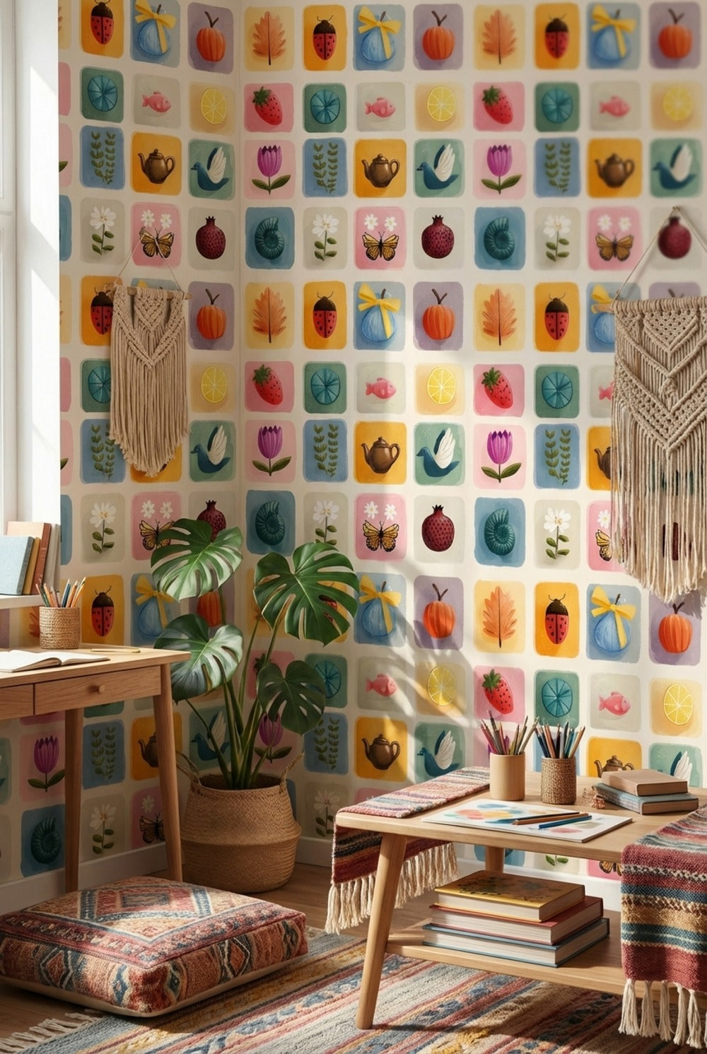 Multicolor Whimsical Botanical Pattern Wallpaper