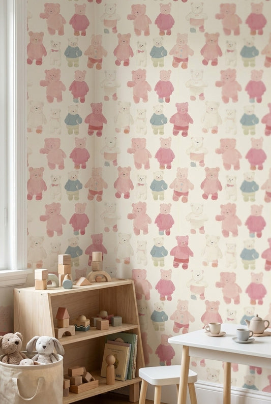 Pastel Teddy Bear Pattern Kids Wallpaper