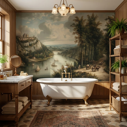 Traditional Landscape Wallpaper River Sailboats Wall Mural