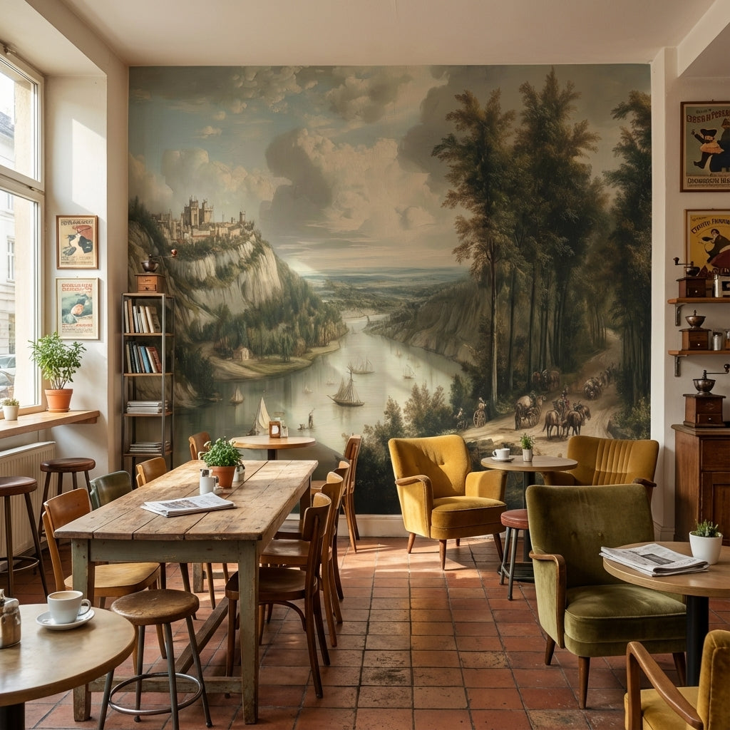 Traditional Landscape Wallpaper River Sailboats Wall Mural