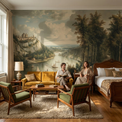 Traditional Landscape Wallpaper River Sailboats Wall Mural