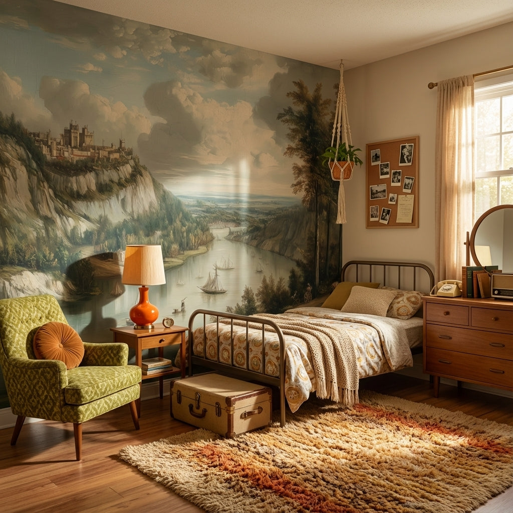 Traditional Landscape Wallpaper River Sailboats Wall Mural