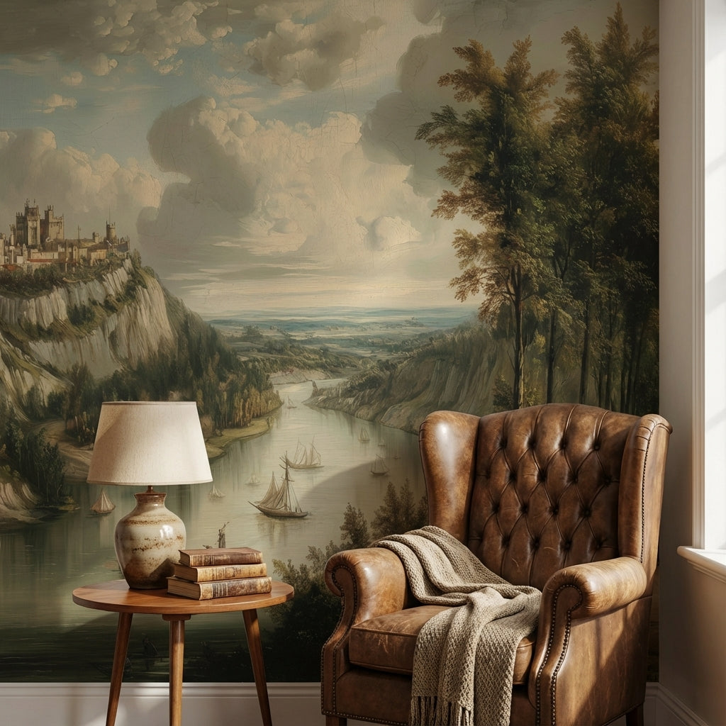 Traditional Landscape Wallpaper River Sailboats Wall Mural