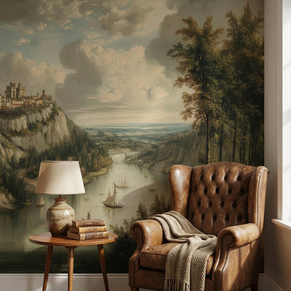Traditional Landscape Wallpaper River Sailboats Wall Mural