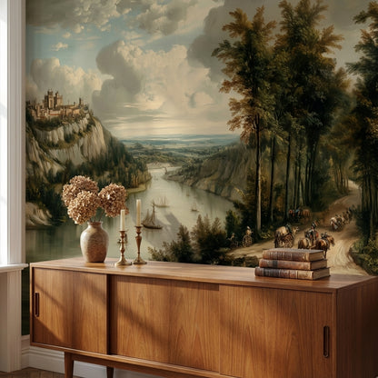 Traditional Landscape Wallpaper River Sailboats Wall Mural