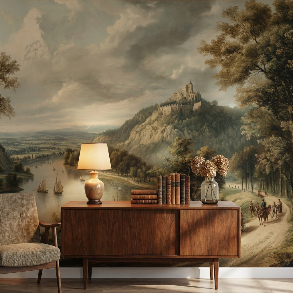 Castle Landscape Wallpaper River Traditional Wall Decor