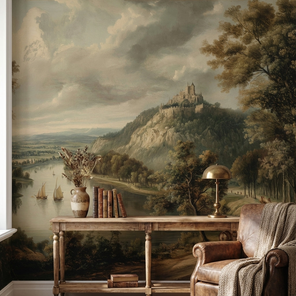 Castle Landscape Wallpaper River Traditional Wall Decor