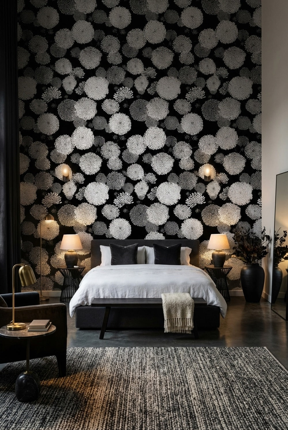 Floral Wallpaper Black Modern Decorative Mural