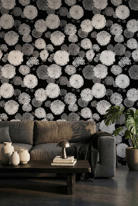 Floral Wallpaper Black Modern Decorative Mural