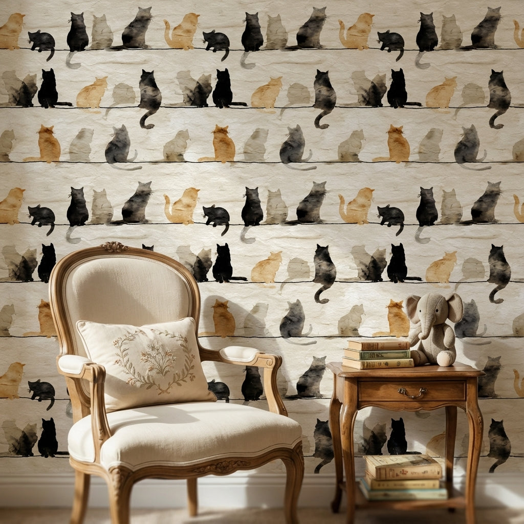Cats Wallpaper Silhouettes Watercolor Decorative Mural