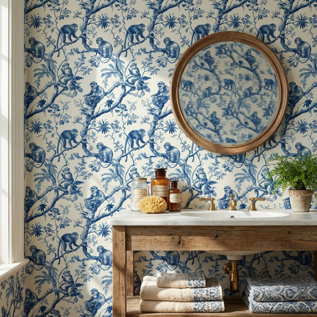 Monkeys Toile Wallpaper Floral Traditional Decorative Mural