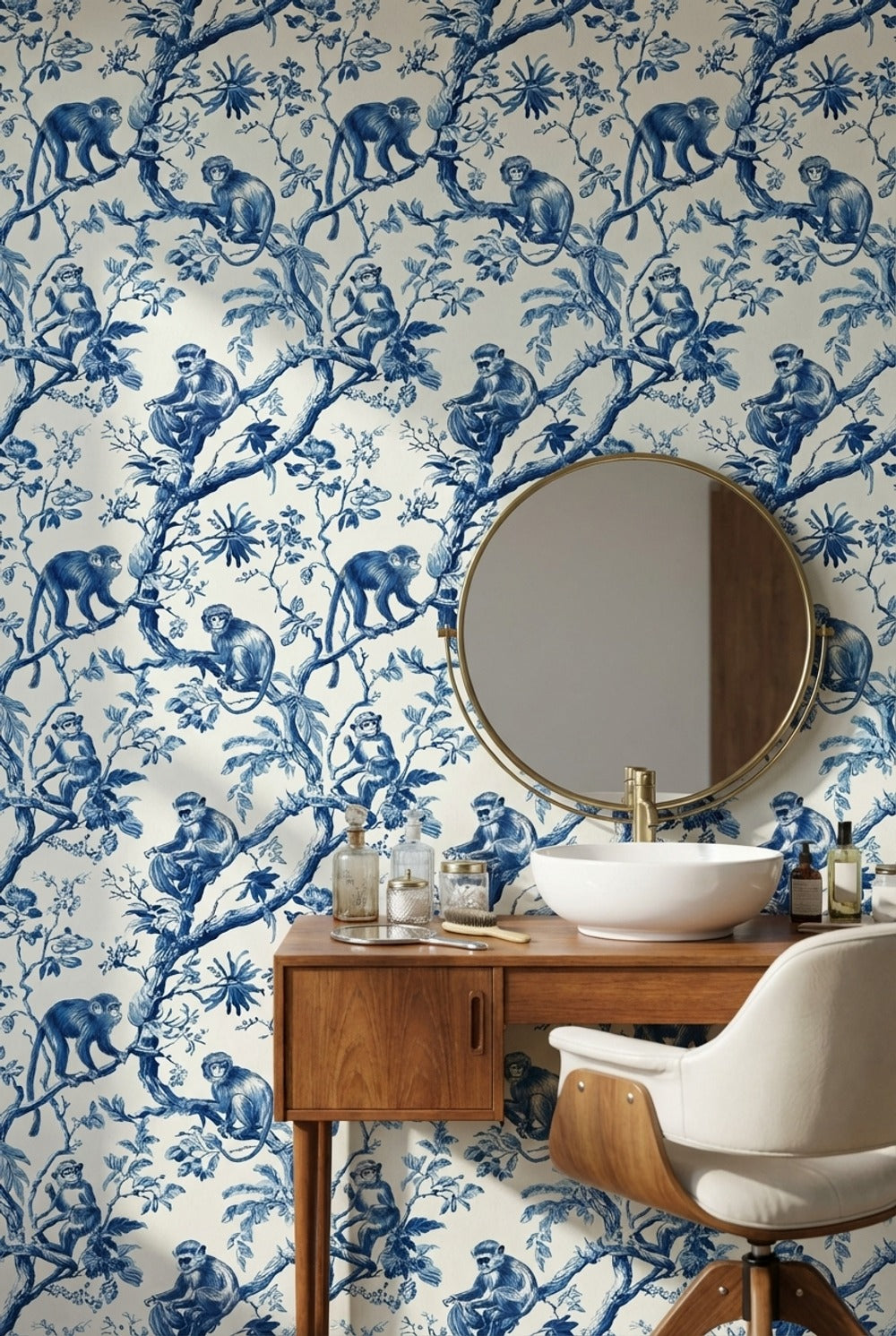 Monkeys Toile Wallpaper Floral Traditional Decorative Mural