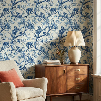 Monkeys Toile Wallpaper Floral Traditional Decorative Mural