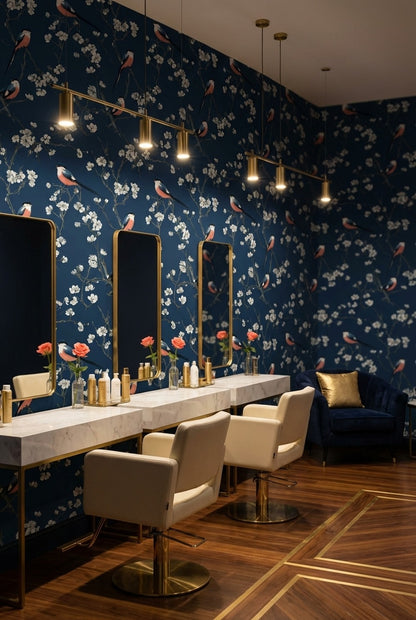 Floral Wallpaper Birds Removable Navy Wall Mural