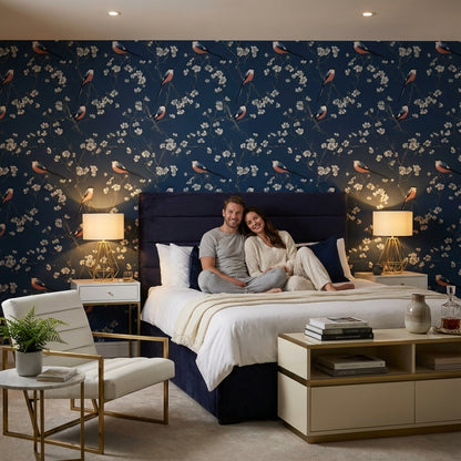 Floral Wallpaper Birds Removable Navy Wall Mural