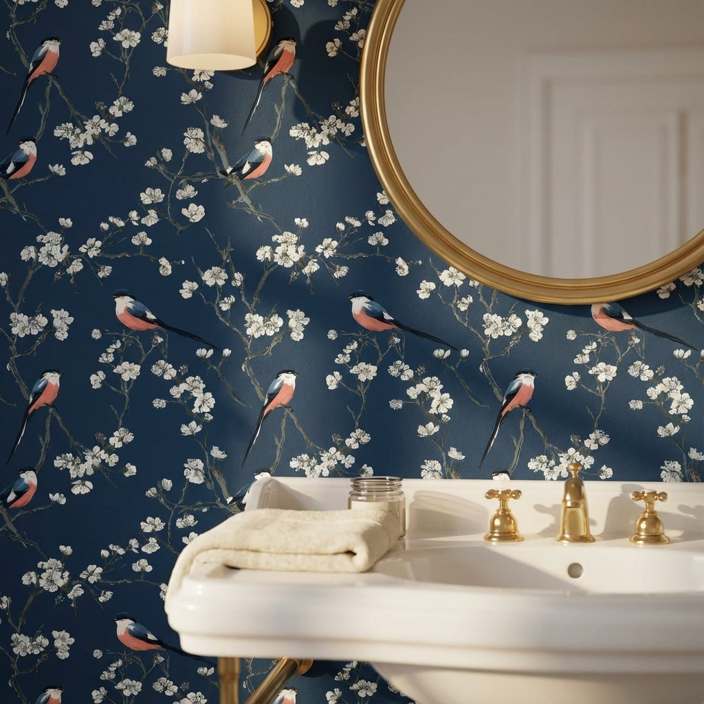 Floral Wallpaper Birds Removable Navy Wall Mural
