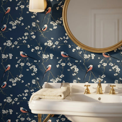 Floral Wallpaper Birds Removable Navy Wall Mural