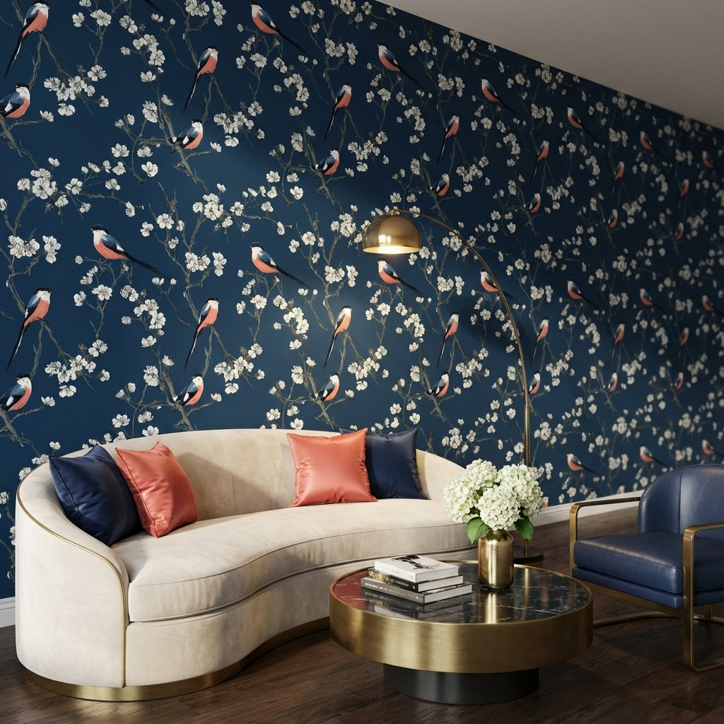 Floral Wallpaper Birds Removable Navy Wall Mural