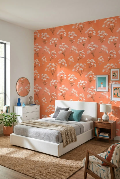 Floral Wallpaper Orange Removable Modern Wall Mural