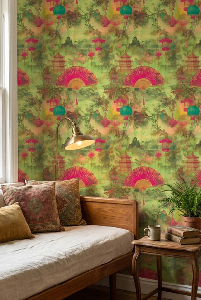 Asian Wallpaper Lanterns Pagoda Decorative Mural