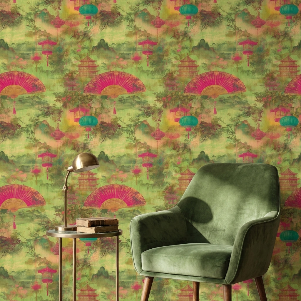 Asian Wallpaper Lanterns Pagoda Decorative Mural