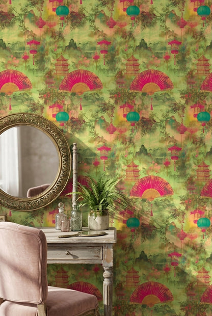 Asian Wallpaper Lanterns Pagoda Decorative Mural