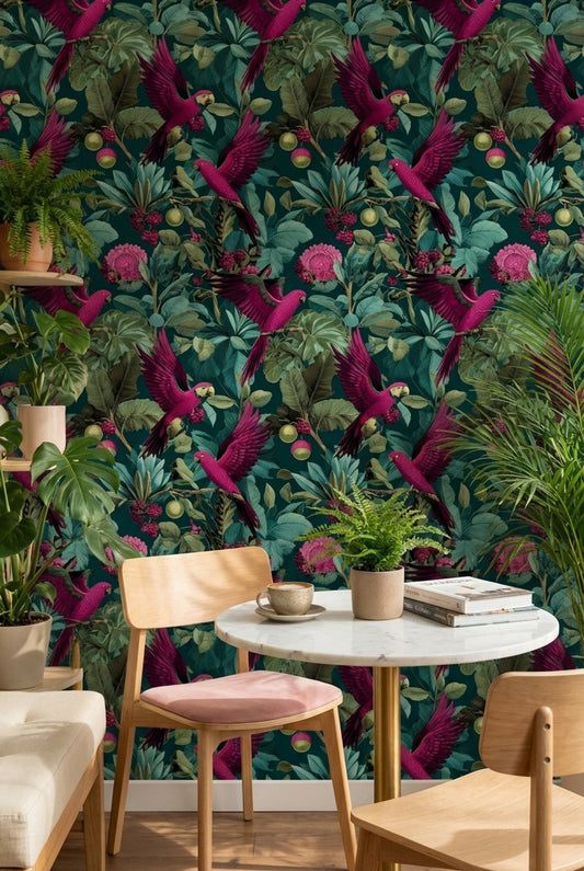 Tropical Parrots Wallpaper Foliage Vintage Wall Decor